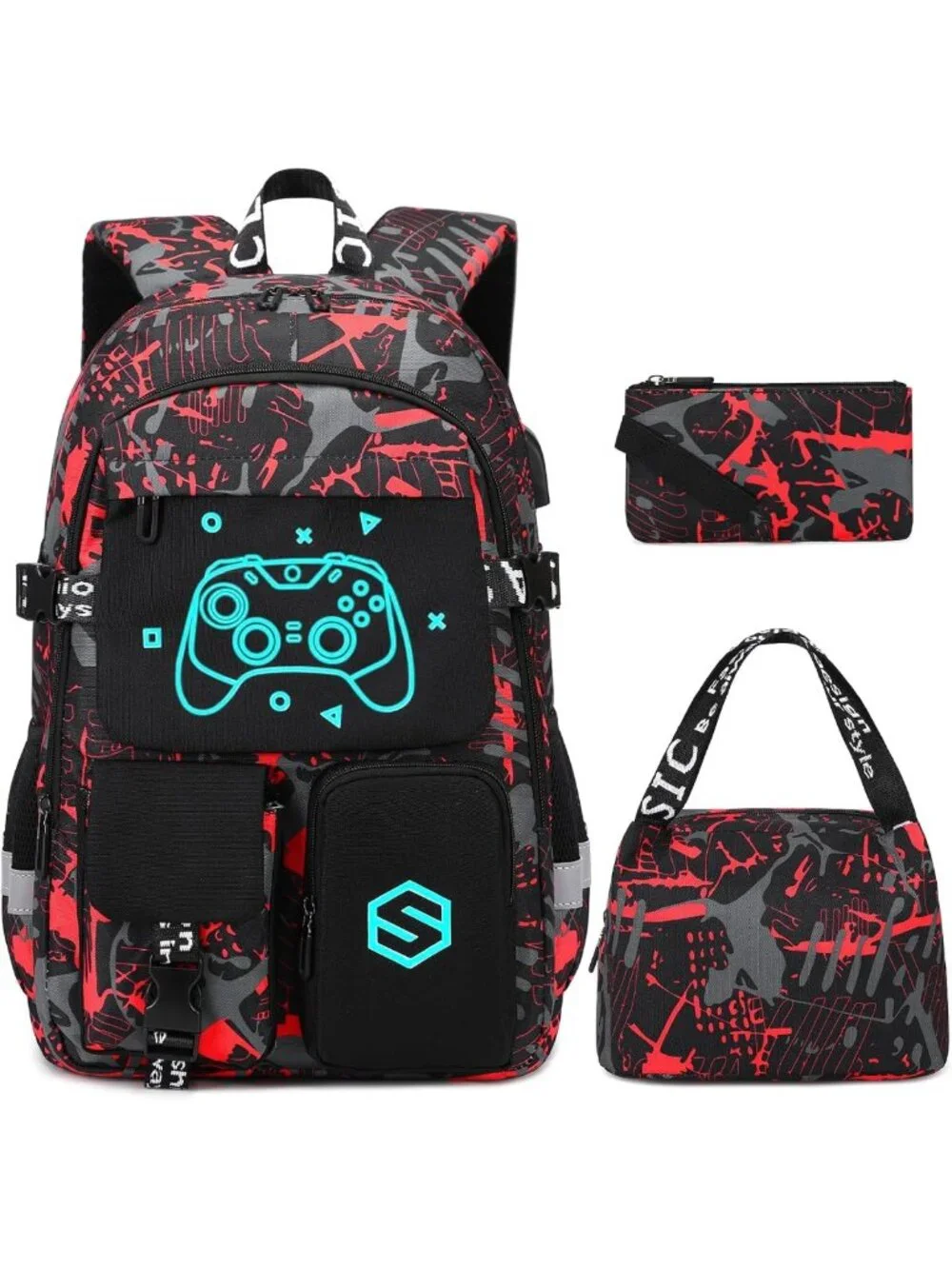 Cool Luminous Boys Backpack Set with Lunch Bag & Pencil Case, USB Charging Port
